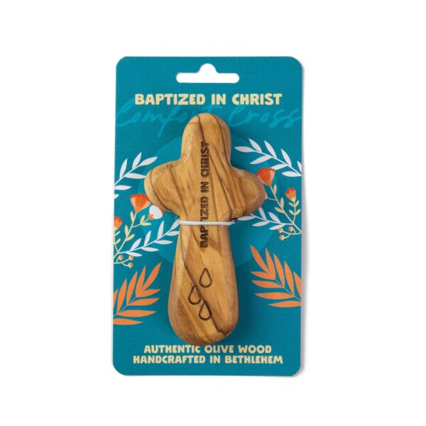 Olive Wood Comfort Cross Baptized in Christ, Laser Engraved, Carded - Image 2