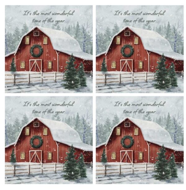 Coaster 4" Sq 4Pc Snowy Barn