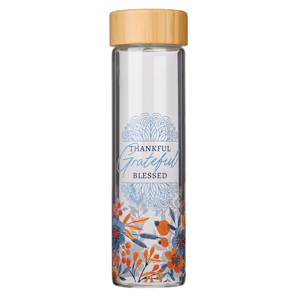 Image of Thankful Grateful Blessed – Glass Water Bottle with Bamboo Lid & Sleeve – 17oz