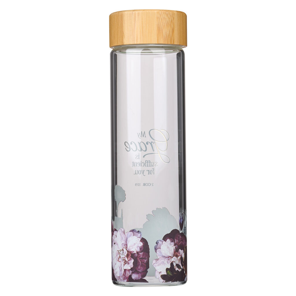 Image of My Grace is Sufficient – Glass Water Bottle with Bamboo Lid & Sleeve – 17oz