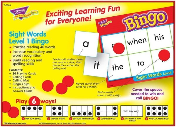 Trend Bingo Game Sight Words Level 1 -Discontinued 650 0309 2