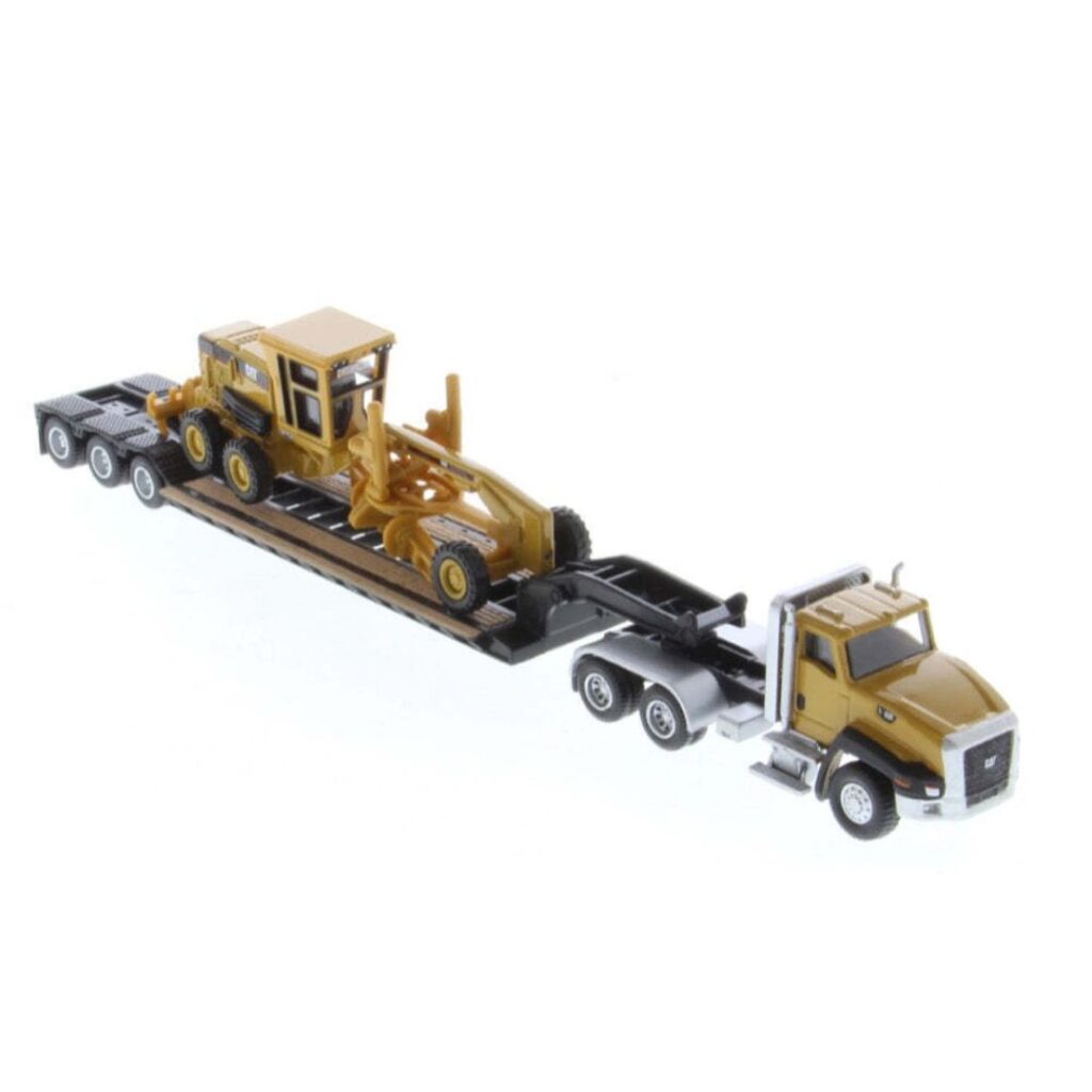 Image of Day Cab Tractor with Lowboy Trailer and Motor Grader