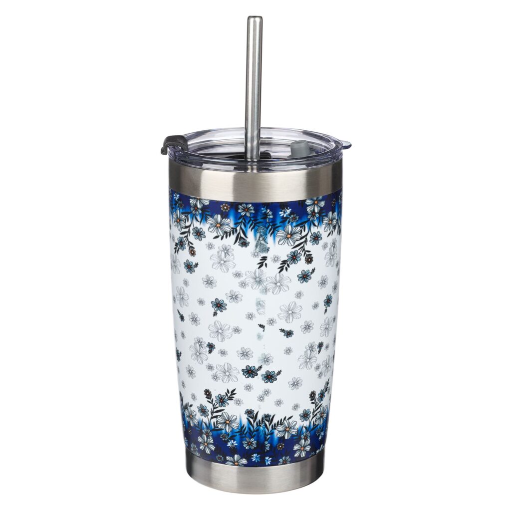 Image of Blue Floral Stainless Steel Mug – Be Still and Know – 18 oz