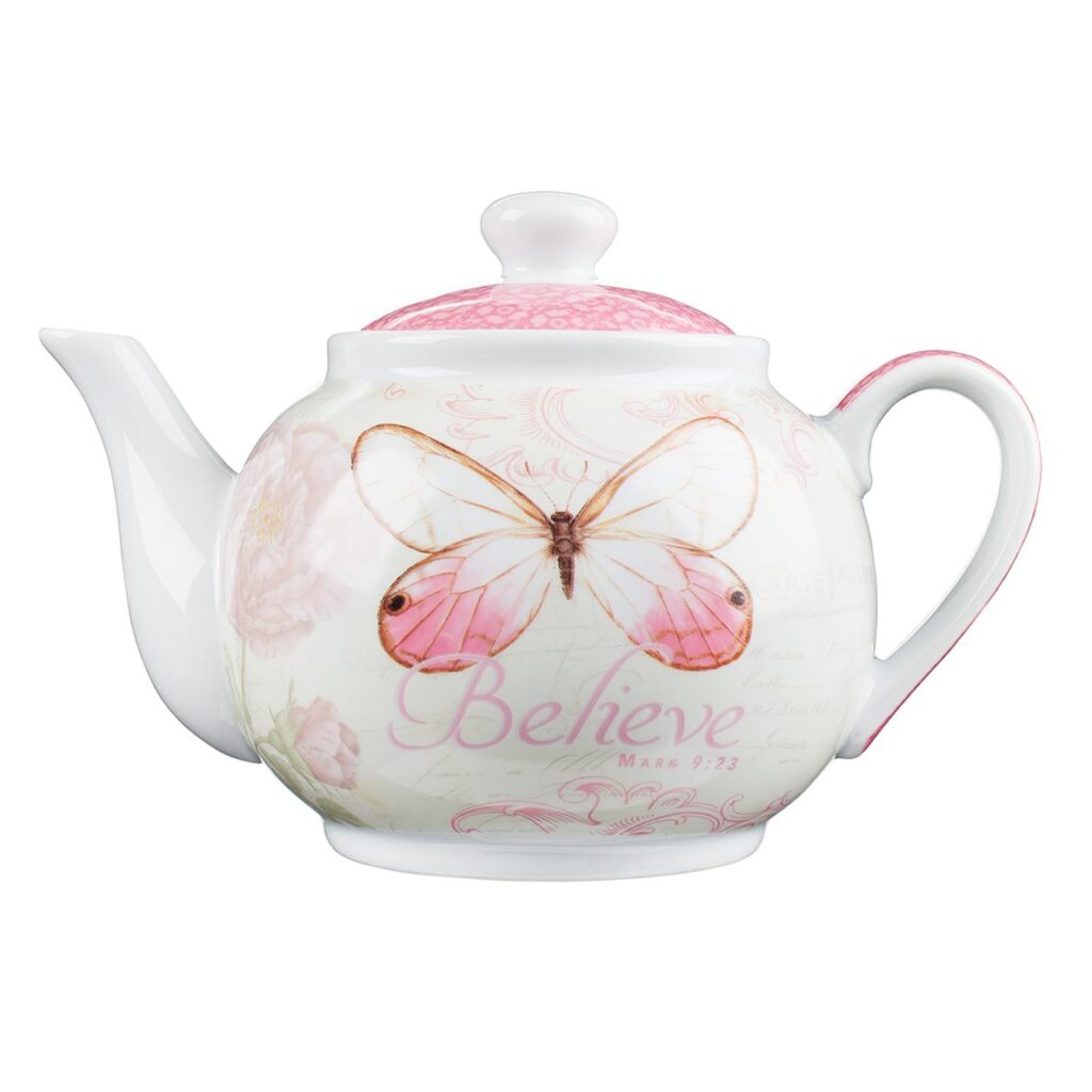Image of Teapot Pink Butterfly Believe Pink Mark. 9:23