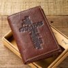 Brown Genuine Leather Tri-Fold Wallet with Cross - Image 5