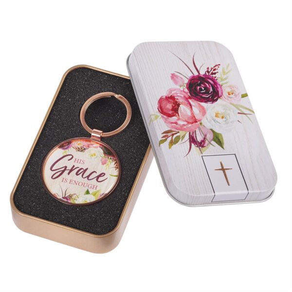 Keyring in a Tin His Grace is Enough in Pink Plum - 2 Corinthians 12:9 132 7710 2