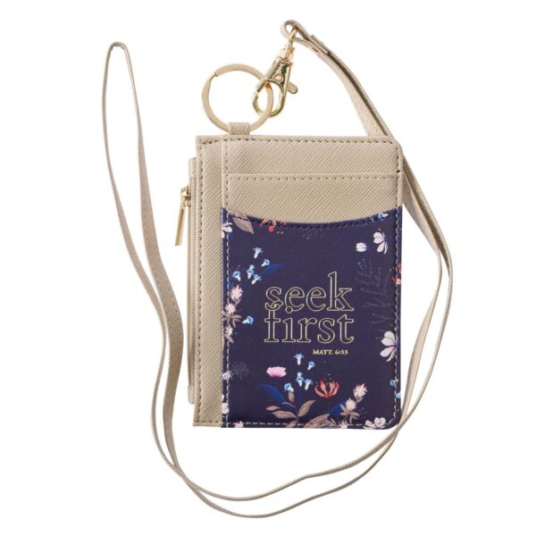 ID Card Holder -Seek First Taupe and Navy Faux Leather Matthew 6:33 132 8233 0