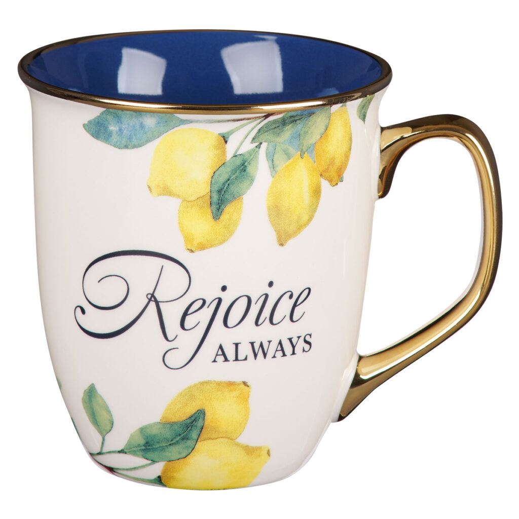 Image of Mug Yellow/Blue Rejoice Always 1 Thess. 5:16-18