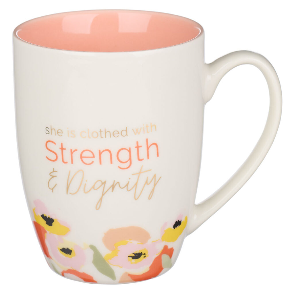 Image of Mug White/Peach Poppies Strength & Dignity Prov. 31:25