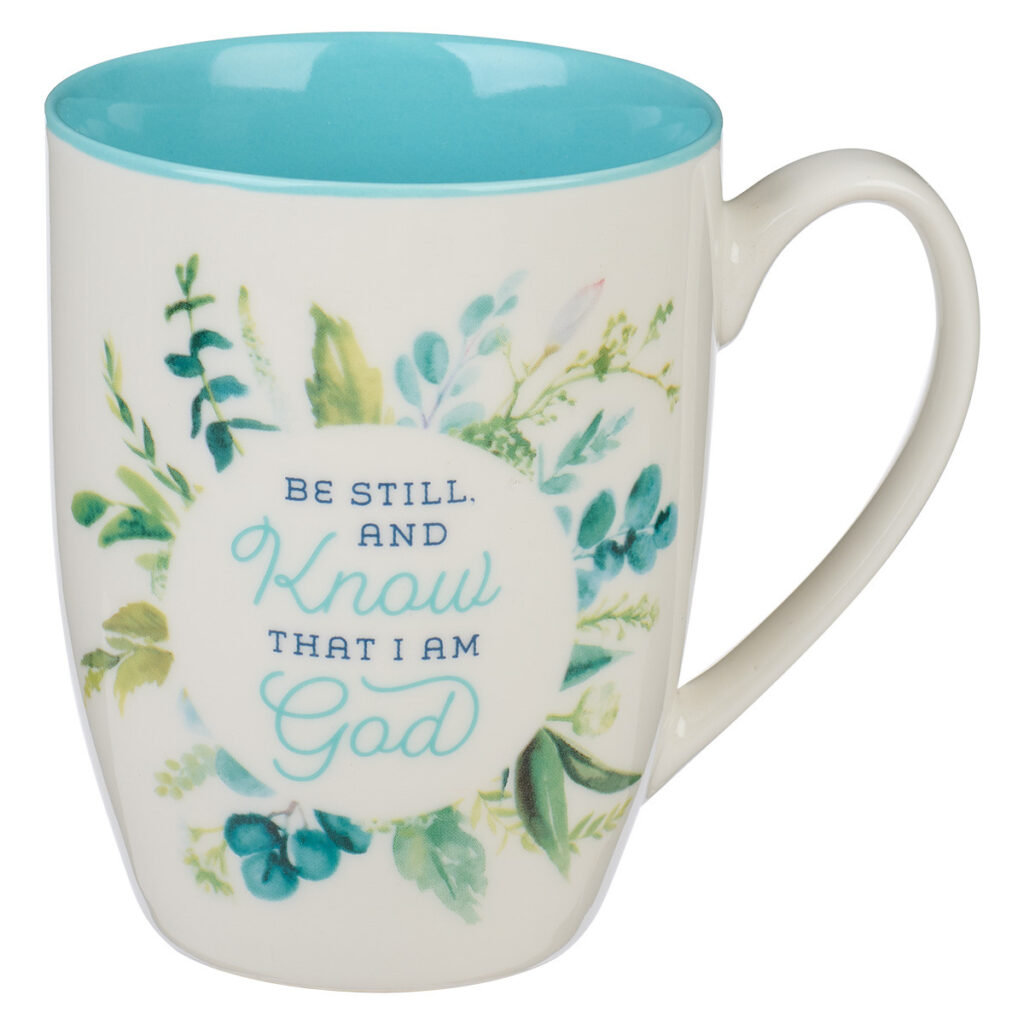 Image of Mug White/Teal Leaves Be Still Ps. 46:10