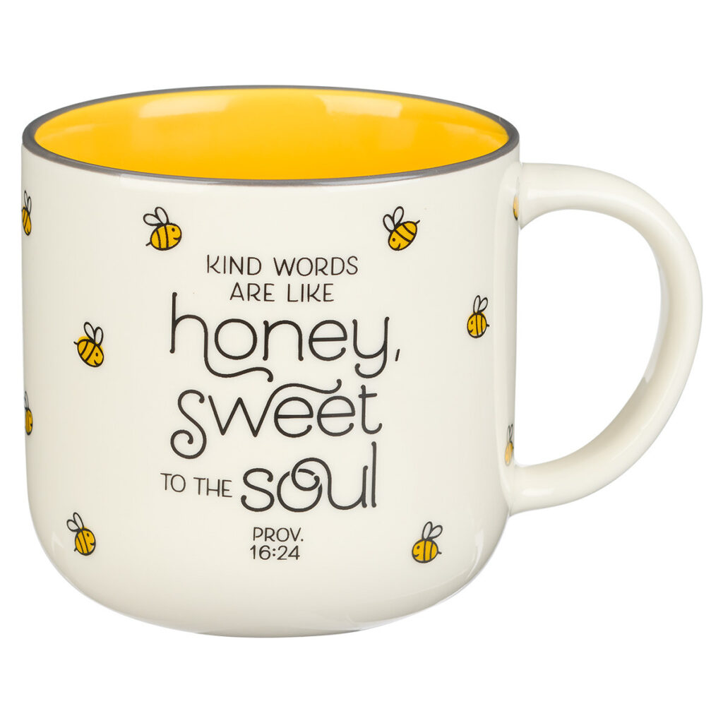 Image of Mug White/Yellow Bees Kind Words Prov. 16:24