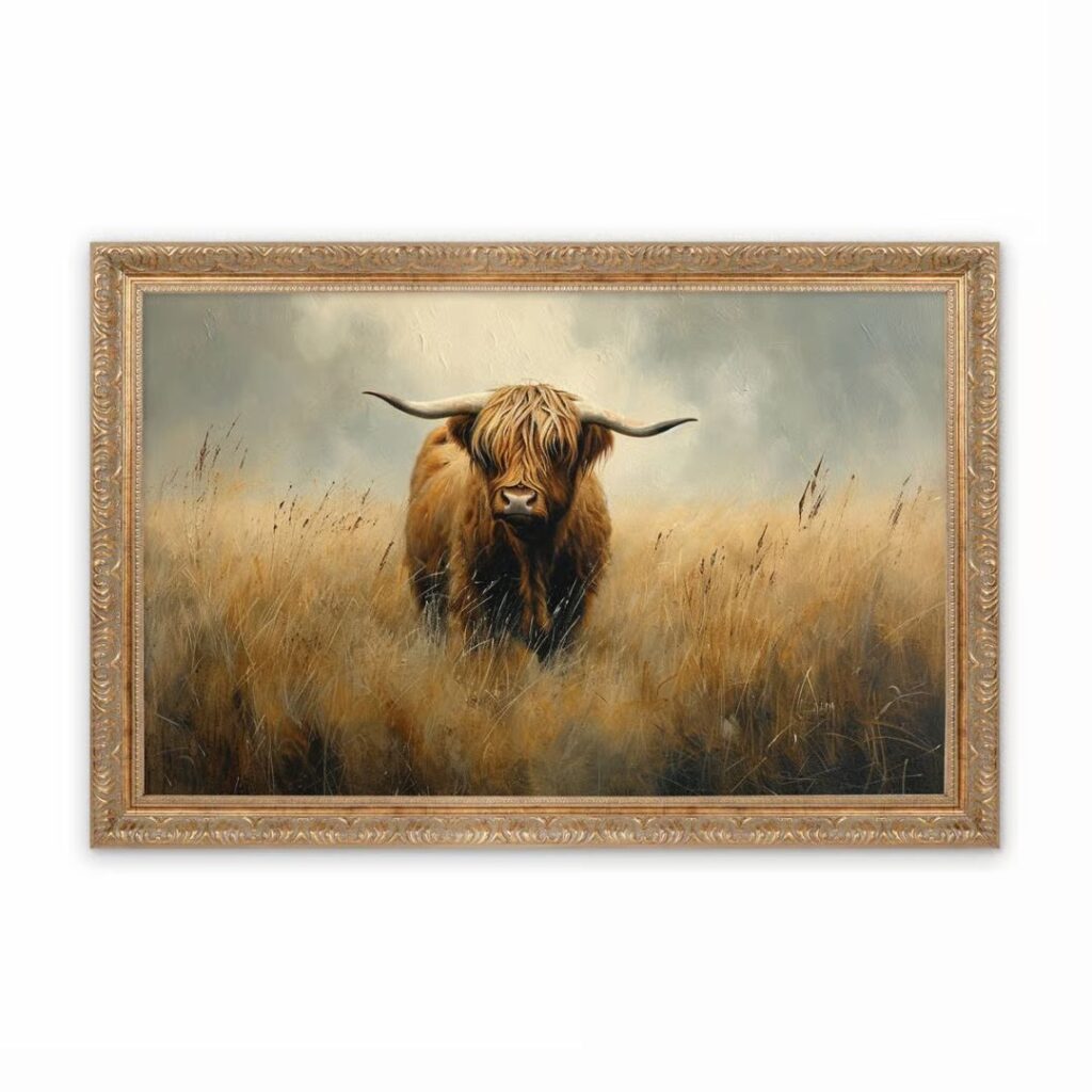 Image of Gold Framed Wall Art – Highland Cow – 32″x22″