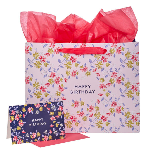 Happy Birthday Pink Flower Trellis || Large Landscape Gift Bag Set with Card 001 0001 0