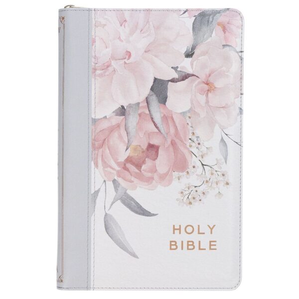 Frosty Gray and Pink Floral Faux Leather DeluxeBible, Indexed, Zipper Closure