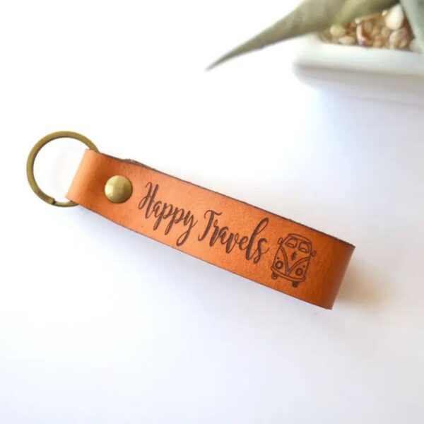 Retro Camper Van Keychain - Happy Travels Leather Keychain 465 0475 1