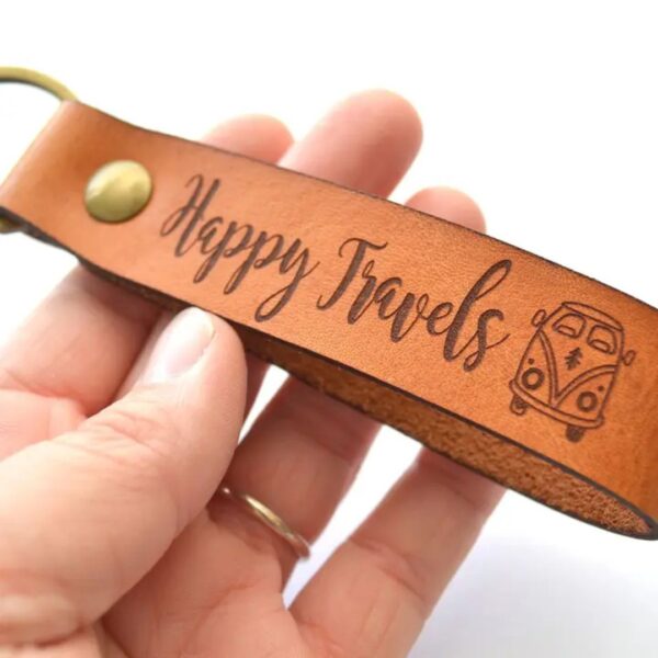 Retro Camper Van Keychain - Happy Travels Leather Keychain 465 0475 3