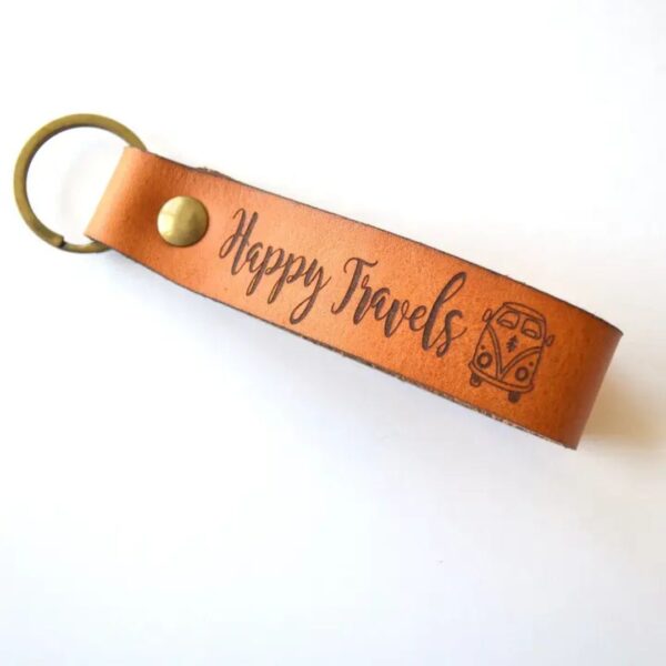 Retro Camper Van Keychain - Happy Travels Leather Keychain 465 0475 4