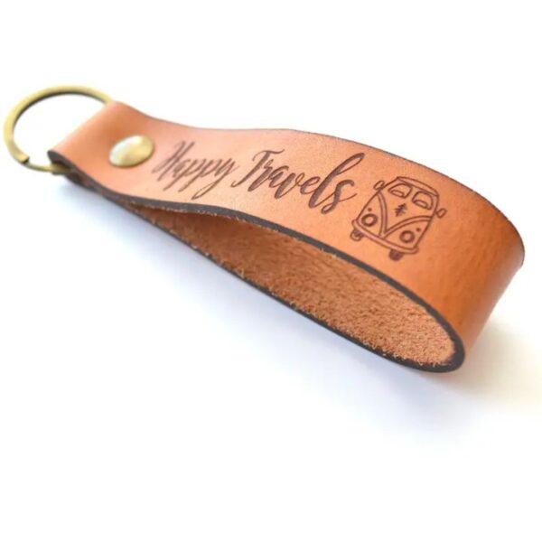 Retro Camper Van Keychain - Happy Travels Leather Keychain 465 0475 5