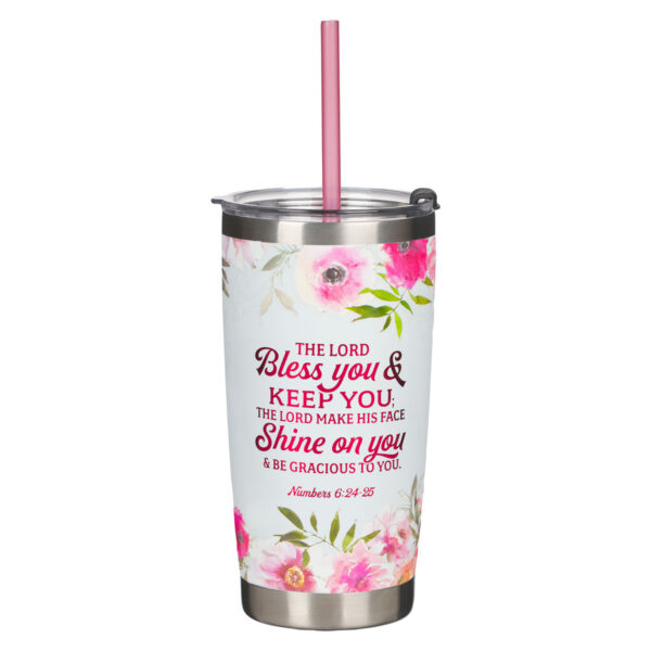 Bless You and Keep You White Floral Stainless Steel Travel Tumbler with Straw - 125 1127 0