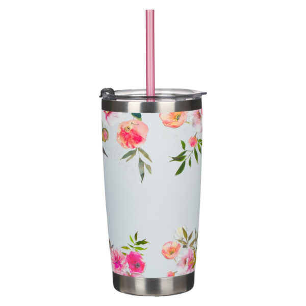 Bless You and Keep You White Floral Stainless Steel Travel Tumbler with Straw - 125 1127 1