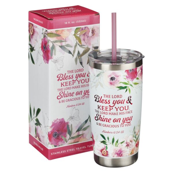 Bless You and Keep You White Floral Stainless Steel Travel Tumbler with Straw - 125 1127 2