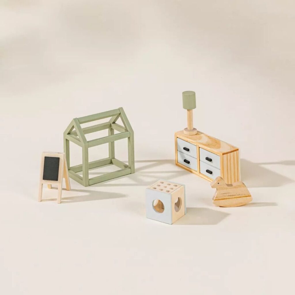 Image of Wooden Doll House Kids Room Furniture & Accessories (6 pcs)
