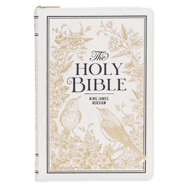 KJV Bible Thinline LP Faux Leather, White and Gold w/zipper
