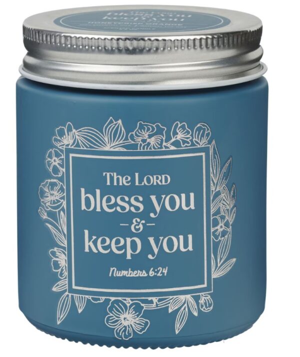 Glass Candle w/Screw Top Lid Blue Bless You and Keep You Num. 6:24