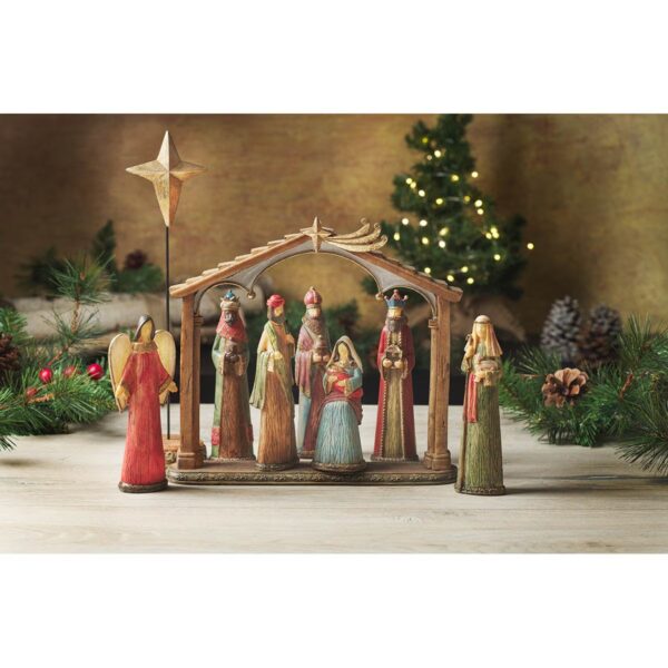 Set of 9, Resin Nativity set with house and cross, 6.5H