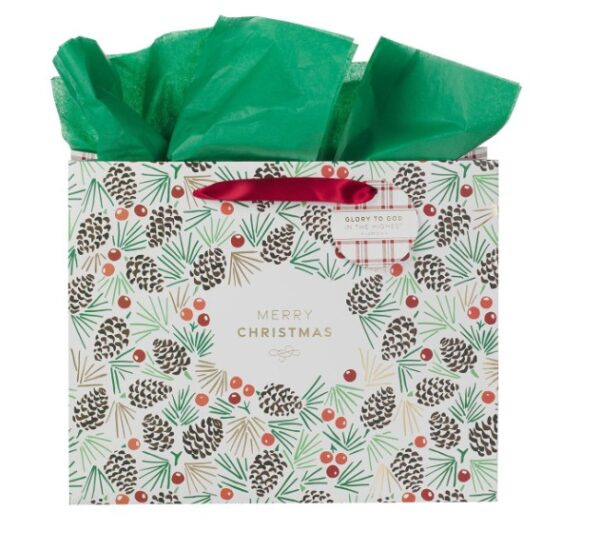 Gift Bag LG Landscape Merry Christmas Plaid Luke 2:14