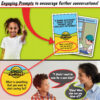 Financial flash cards for kids with prompts to spark conversations, showing a girl pointing to a savings card asking what they want to save for.
