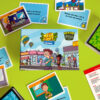 Mega Money Matchup game on a green background with flash cards displaying terms like Wants and Entrepreneur.