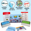 Mega Money Matchup contents displayed, featuring durable cards, kid-friendly graphics, hint images, and answer key.